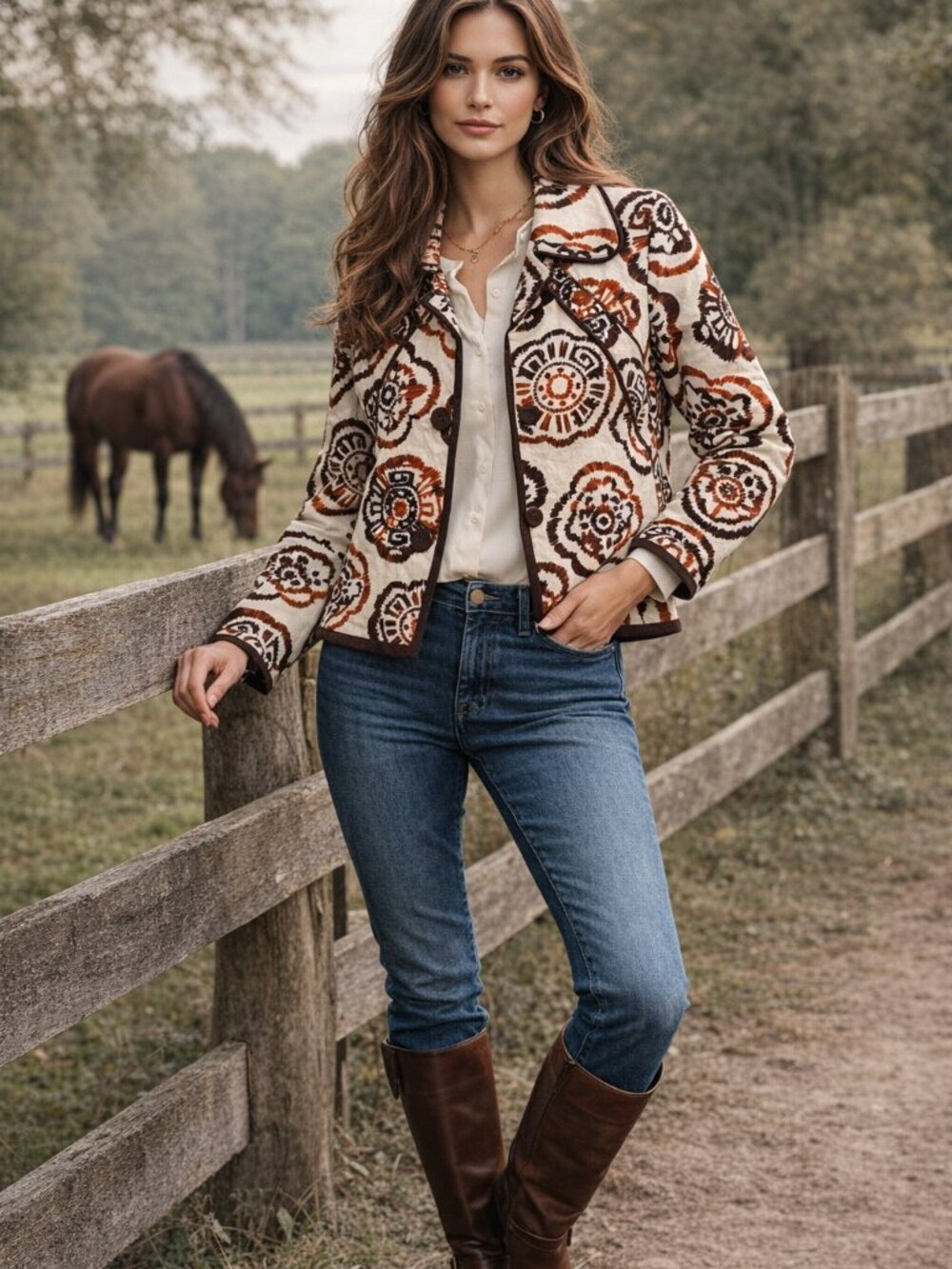 Vintage Medallion Print Jacket 6 Brown‎ Rust Heritage Preppy Equestrian Inspired
